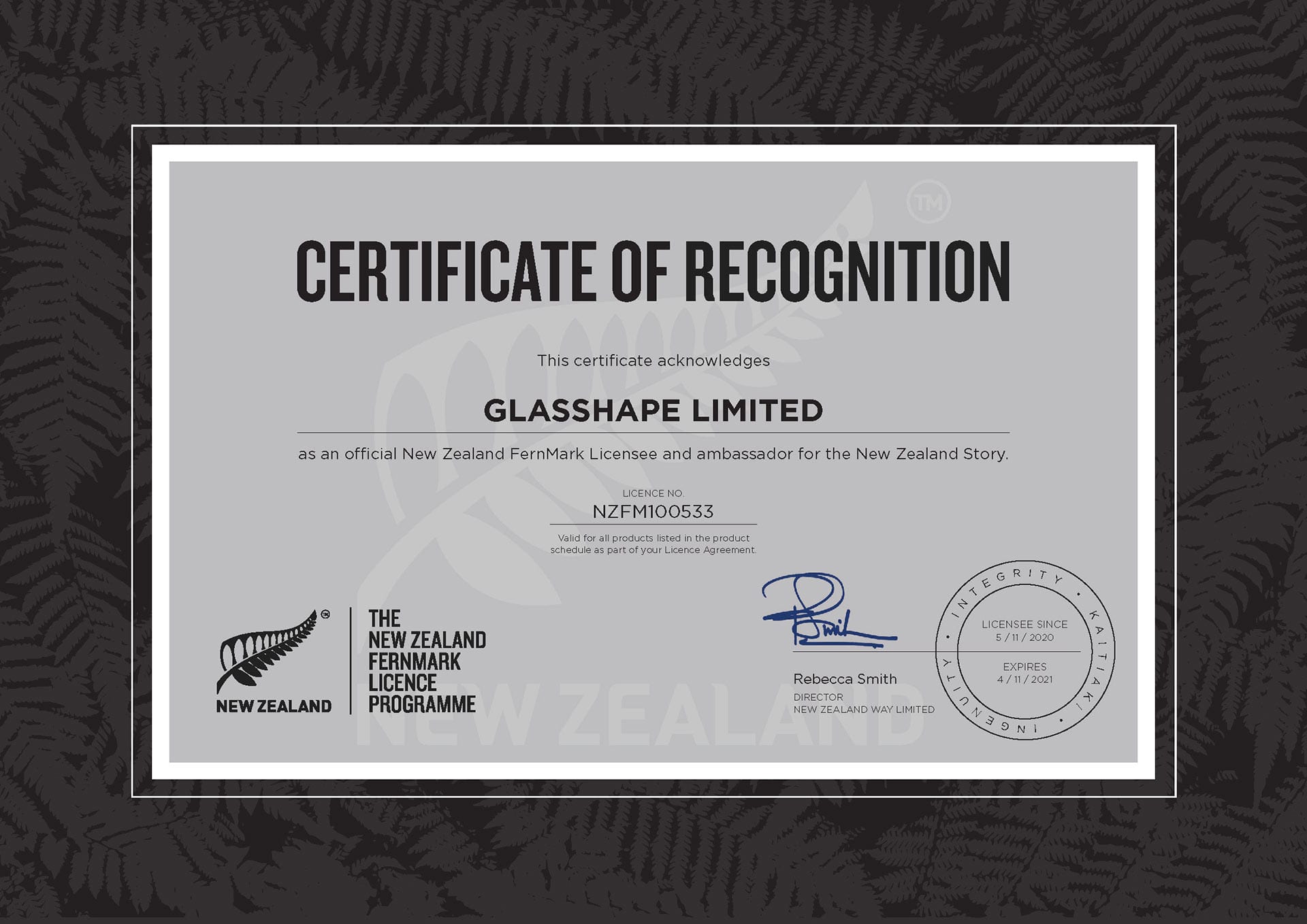 Glasshape-FernMark-Certificate-exp-2021 FernMark Certificate